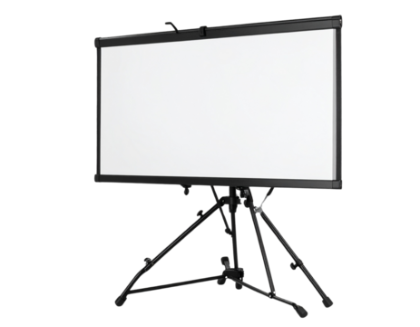 Portable Foldable Presentation Board with Tripod Stand, Side View, isolated on transparent background.