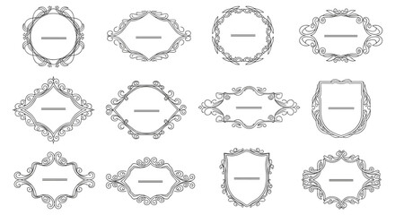 A diverse set of elegant vintage-style decorative frames and ornate borders, perfect for sophisticated labels, invitations, or design elements, isolated on white.