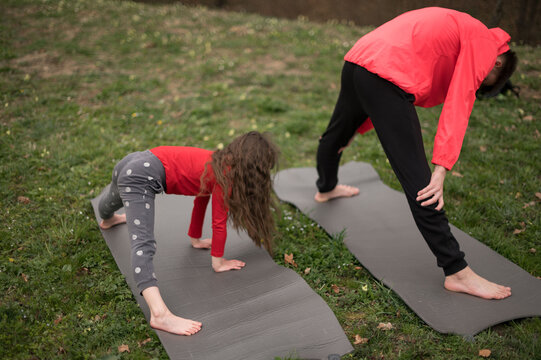 Engaging in playful yoga practice at the park during a sunny afternoon, a child and an adult explore various poses on neatly arranged mats