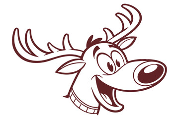 Cheerful reindeer cartoon with giant nose and big smile looks extremely happy on white