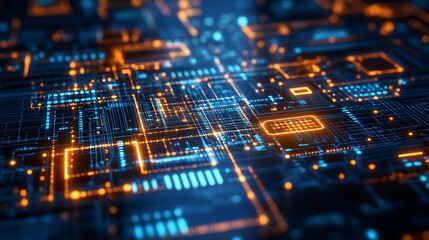 Complex circuit board, glowing lines, intricate connections