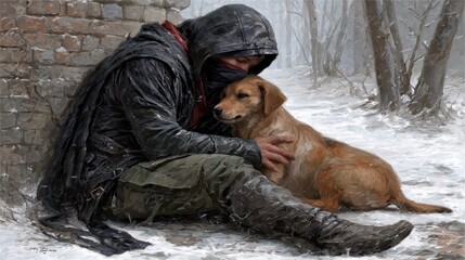 A man finds solace in the company of a loyal dog during winter.
