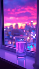 Water glass on a windowsill with city view and a purple sunset in the background