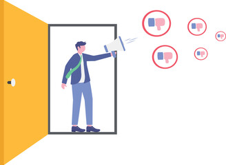 Internet hater, angry social media, dislike or negative feedback from remote work,
