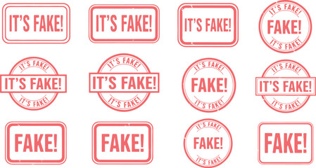 Collection of red rubber stamps with text I T' S F A K E and F A K E, fake, it's fake, stamp, rubber stamp, red, text, lettering, grunge, distressed, seal, circular, rectangular, warning, alert, notif