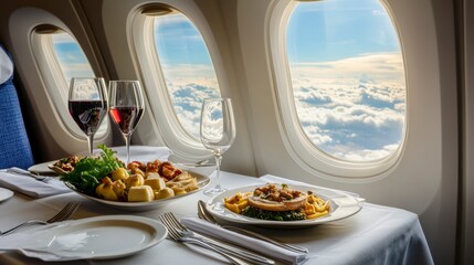 First-class airplane meal with wine served near the window with a view of clouds.