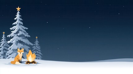 A serene winter scene featuring a fox near a cozy campfire.