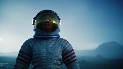Standing Astronaut with Helmet on Alien Planet