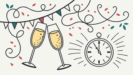 Elegant New Year's Eve celebration illustration featuring champagne flutes, a celebratory clock at midnight, and festive hand-drawn elements in a minimalist line art style.
