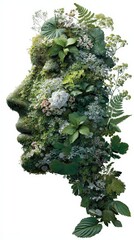 Unique Human Face Covered in Lush Green Foliage and Vibrant Flowers