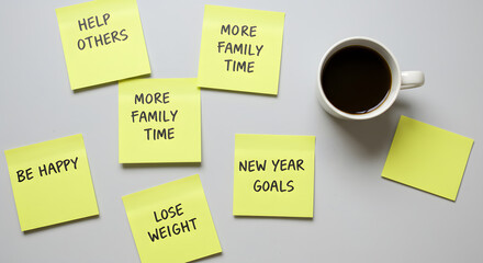 Yellow Notes with Goals and Coffee Cup on Gray Surface