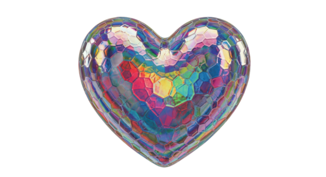 An iridescent heart with a mosaic pattern isolated on transparent background