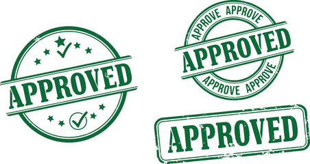Green Approved Stamps with Checkmarks and Stars vector, approved, stamp, green, checkmark, star, seal, rubber stamp, graphic, symbol, confirmation, agreement, authorization, acceptance, document, cert
