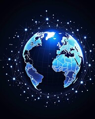 Fototapeta premium Blue Earth Globe Connected by Digital and Bright dots showing digital connectivity all over the world