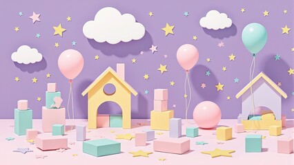 Celebratory scene with pastel balloons floating above gift boxes. Confetti scatters on a colorful background, creating a festive atmosphere.