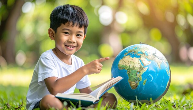 Young boy is sitting on the grass with a globe and a book in front of him. - Powered by Adobe