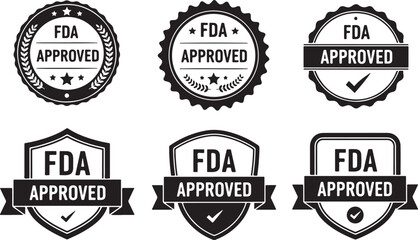 Obraz premium Six Black F D A Approved Badges and Seals Collection, fda approved, approved, seal, badge, stamp, certification, regulation, quality, assurance, guarantee, compliance, health, safety, food, drug, admi