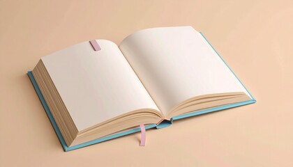 An open hardcover book with blank white pages and a pink ribbon bookmark, resting on a pastel background for study or writing.