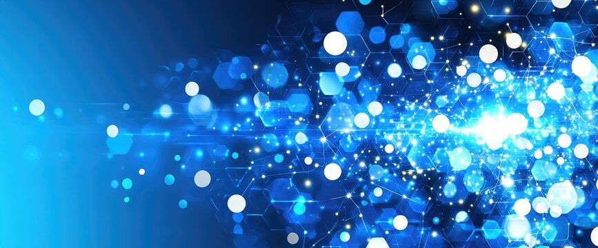 Blue abstract with bokeh and hexagon shapes. Sparkly and digital network feel