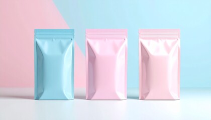 Minimalist product packaging mockup featuring blank pastel blue and pink zipper pouches on a dual-tone background for branding.