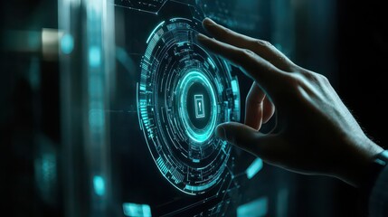Hand interacting with a glowing futuristic interface featuring a lock icon in a circular design