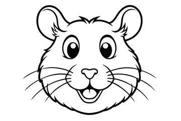 Smiling cartoon hamster face with large eyes and long whiskers is outlined in black