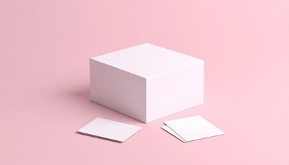 A 3D render of a geometric composition featuring a blank white box and cards for a clean product identity presentation on a pink background.