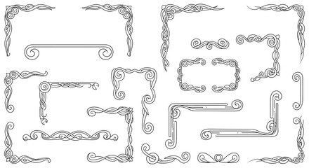 A collection of elegant and ornate vintage-style decorative borders, frames, and corners with swirling patterns, isolated on a white background.