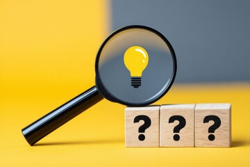Magnifying Glass with Light Bulb Icon and Wooden Blocks with Question Marks on Yellow and Gray Background