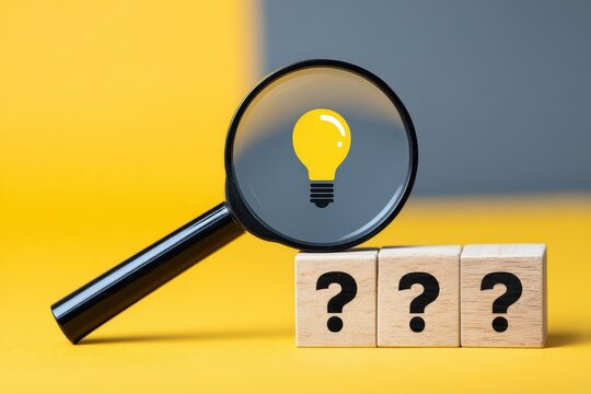 Magnifying Glass with Light Bulb Icon and Wooden Blocks with Question Marks on Yellow and Gray Background
