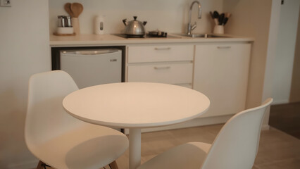 Fototapeta premium White minimalist kitchen with a small round table and chairs.