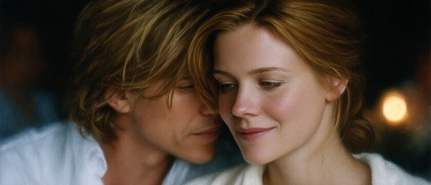 Couple embracing man whispering to woman's ear romance love intimacy relationship