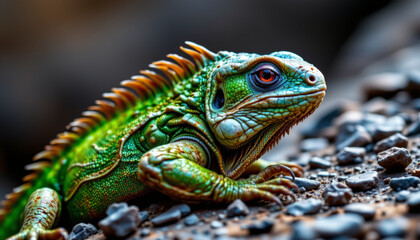 Fototapeta premium Vibrant green lizard in natural habitat macro photography close-up wildlife observation nature realism