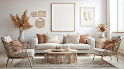 A light and airy living room with neutral tones and natural elements.