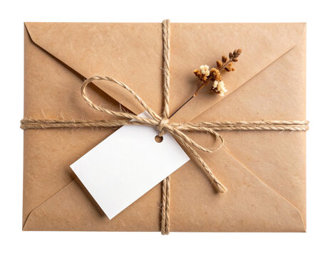 Rustic Wedding Invitation Wrapped in Twine with Dried Flower Accent, Flat Lay View, isolated on transparent background.