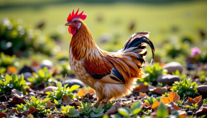 Fototapeta premium Vibrant rooster in a lush garden wildlife photography natural setting close-up view