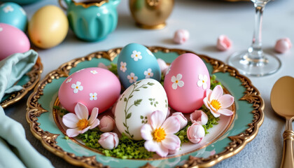 Fototapeta premium Easter celebration colorful eggs displayed on plate festive table setting springtime close-up seasonal decor