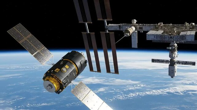Cargo Satellite Approaching International Space Station in Earth Orbit