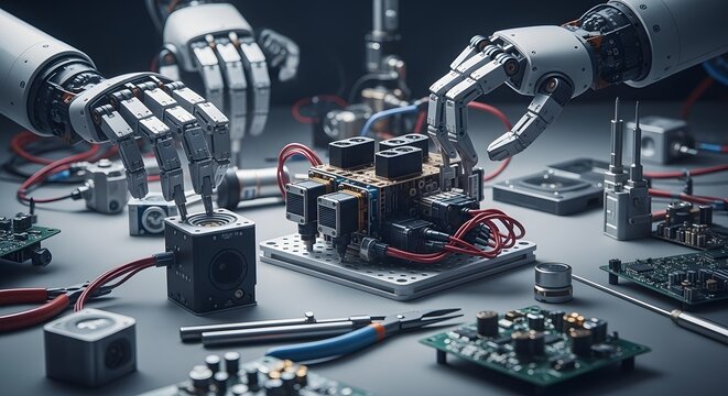 Electronic circuit board production with soldering iron on motherboard, essential technology for industrial manufacturing