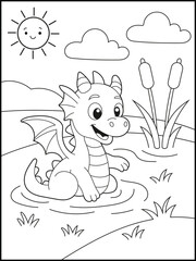 A cute cartoon dragon coloring page for kids, featuring a funny illustration with an outline design for a fun coloring book experience