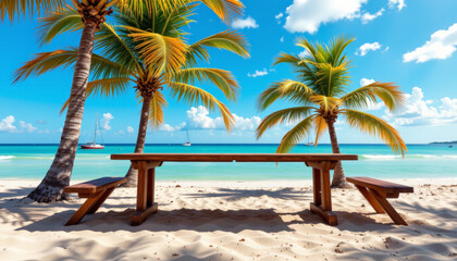 Relaxing beach scene with palm trees and picnic wooden table tropical island photography sunny paradise serene view