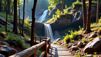 Wooden path to the waterfall, Waterfall adventure serene forest nature photography tranquil environment scenic viewpoint natural concept