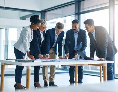 Vibrant, high-resolution photo: A diverse team of young professionals from various backgrounds actively working together in a sleek, tech-forward open office. The image should convey strong themes of 