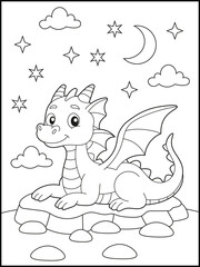 A cute vector cartoon illustration of a dragon with Black and white outlines for kids. fun coloring art