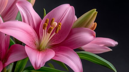 Fototapeta premium Elegant pink lily in bloom showcasing delicate petals and vibrant color on a dark background