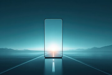 Futuristic Smartphone Standing on Open Road at Sunset in Digital Landscape