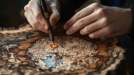 Artist's Hands Pyrographing Intricate Design onto Wood