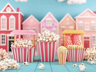 Colorful popcorn stalls in a vibrant miniature town setting.