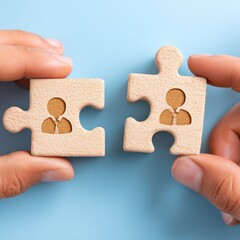 Two puzzle pieces, person icons, hands holding