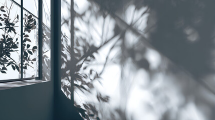 shadow overlay effects of realistic window and tree branch shadow with light blur on white background, Summer sunlight and shadow overlay effect